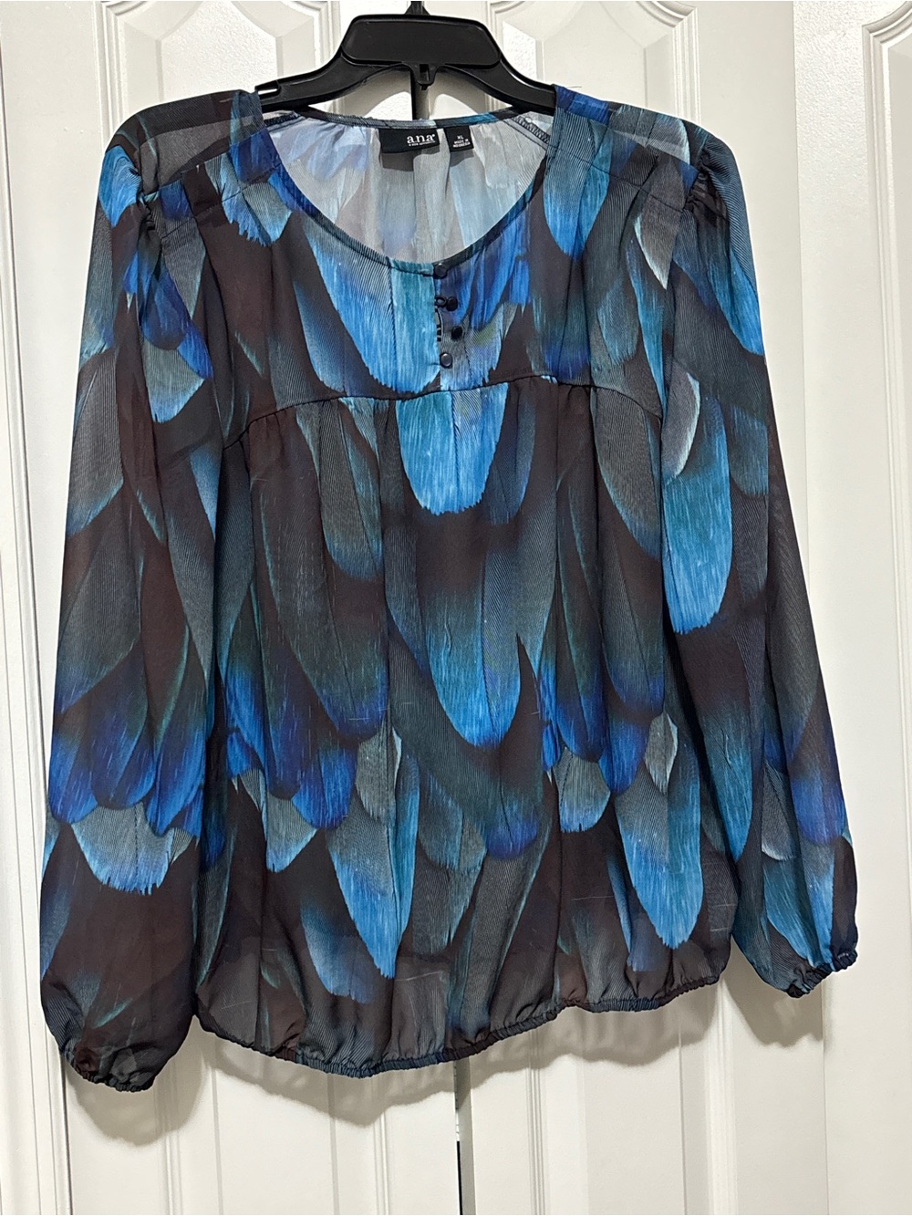 a.n.a Blue and Black Feather-Print Sheer Peasant Blouse